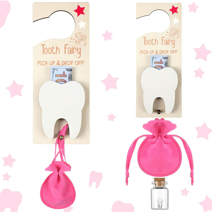 Tooth Fairy Holder Bag Hanger with Money Slot Keepsake Bottle Velvet Pouch Tooth Fairy Box Encourage Gift for Lost Teeth Boy Girl Milk(Classic,Pink)