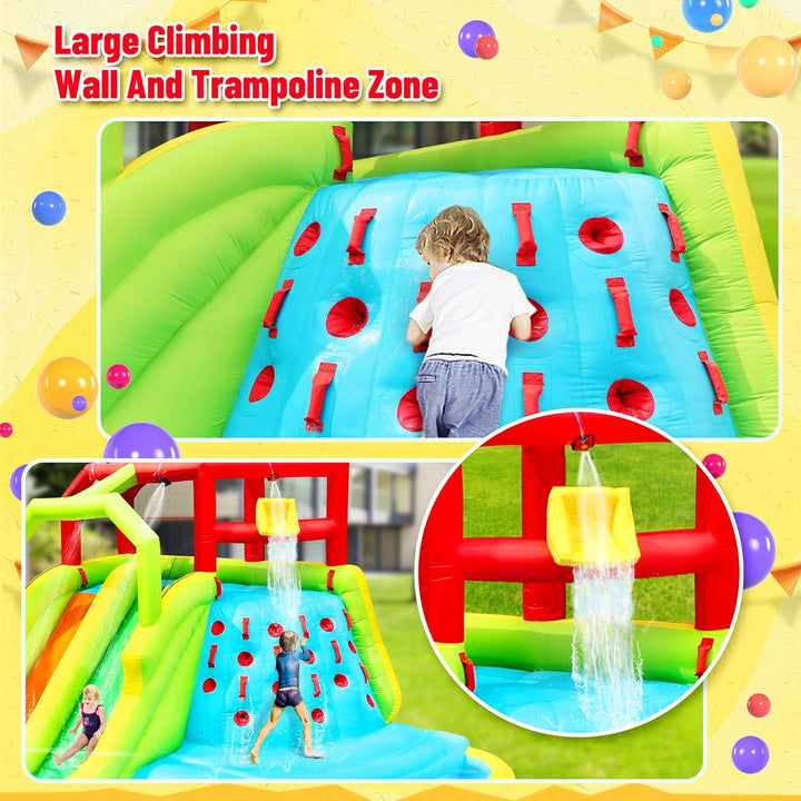 Inflatable Water Slide Park, Bouncy Castle with Deep Pool, 3 Inflatable Sport Balls and 4 Water Guns, Jumping Castle with Air Blower