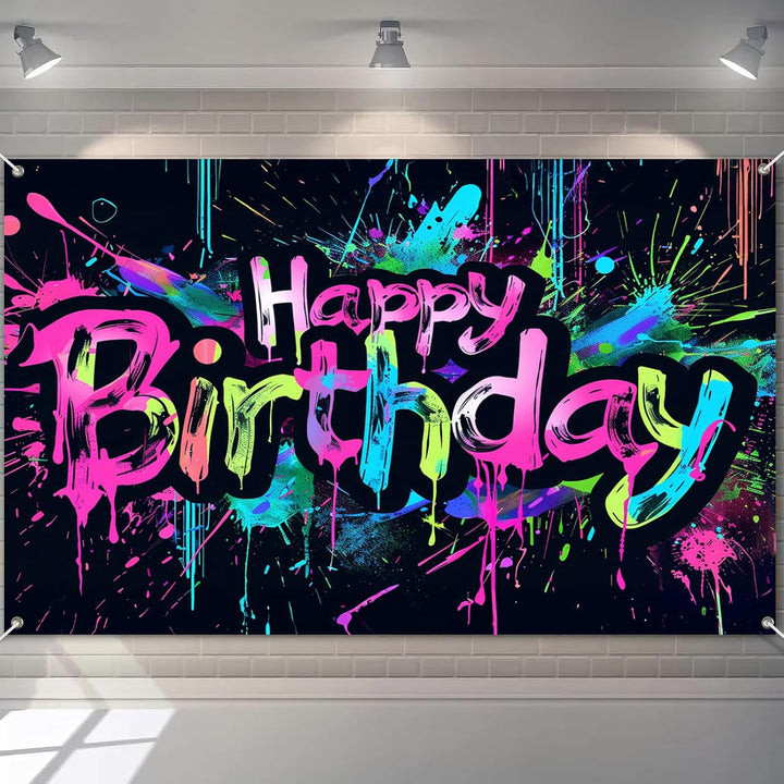 Neon Happy Birthday Banner - 71X43 Photography Backdrops, Party Background Decorations, Colorful Graffiti Splash Paint Kids Birthday Supplies, Glow in the Dark