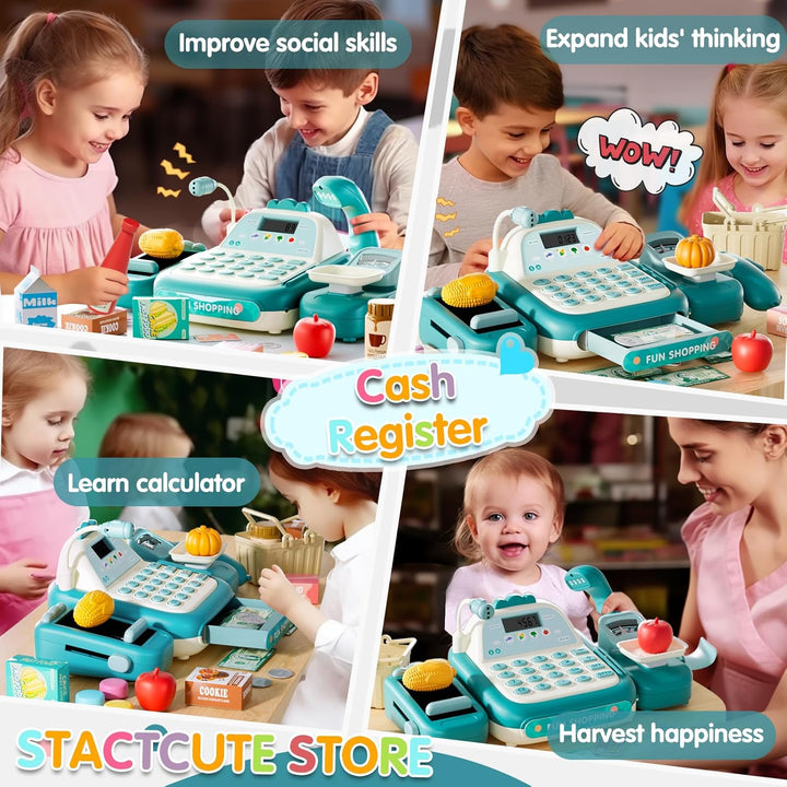 49PCS Pretend Play Cash Register Toy Set for Kids with Real Calculator,Scanner,Microphone,Conveyor Belt,Weighing Tool,Cashier Playset Realistic Gift for Toddler Kid Ages 3 4 5 6 7 8 (Green)