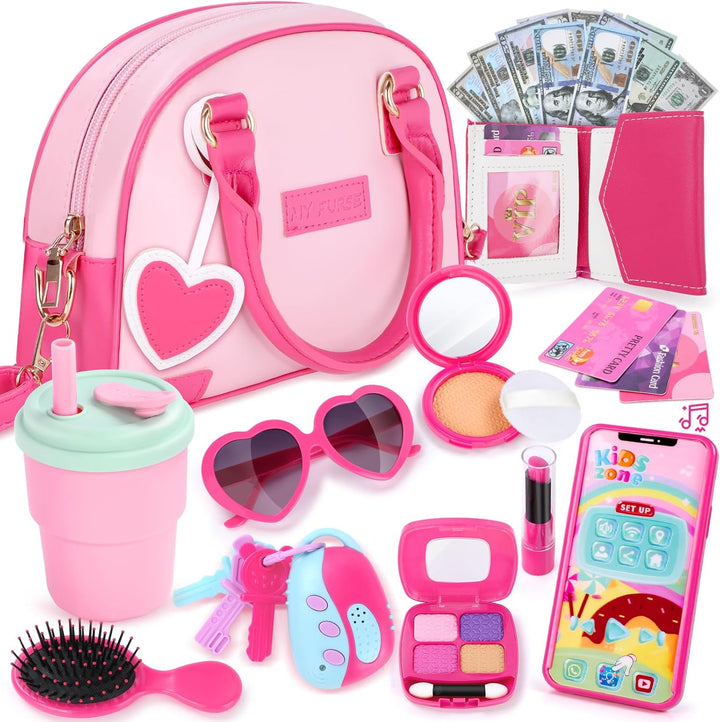 Little Girls Purse, Kids Toy Purse with Pretend Makeup, Play Purse for Little Girls, Pretend Play Toddler Purse, Birthday Christmas Princess Gifts Toys for Girls 3 4 5 6 7 8 Year Old