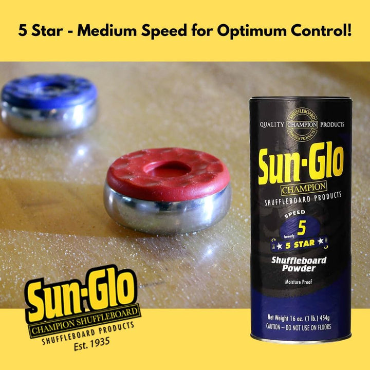 Sun-Glo Shuffleboard Sand - Shuffleboard Powder Wax with Mini Dustpan and Mini Brush Set, 2 Pack (16Oz/Each) - Sunglo #5 Star (Medium Speed)