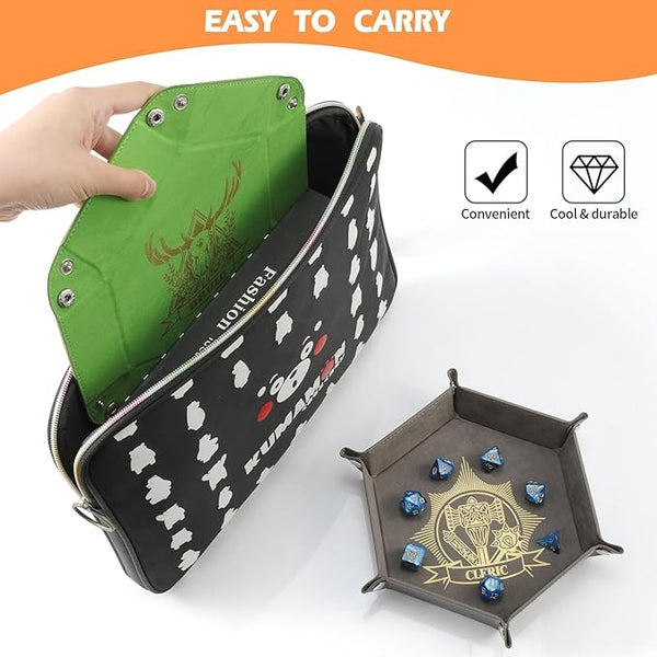 6 Pcs DND Dice Tray with Animals Pattern for RPG D&D Table Games - Folding PU Leather and Velvet Rolling Holder Storage Box