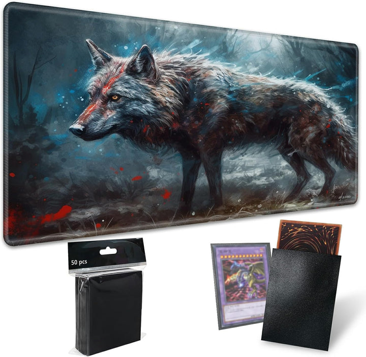 TCG Playmat Board Game Mat plus 50 Pcs Card Sleeves, 24 X 14 Table Mats Game Mousepad with Soft Surface Non-Slip Base for MTG RPG CCG Trading Card Game Playmats, Green Frog