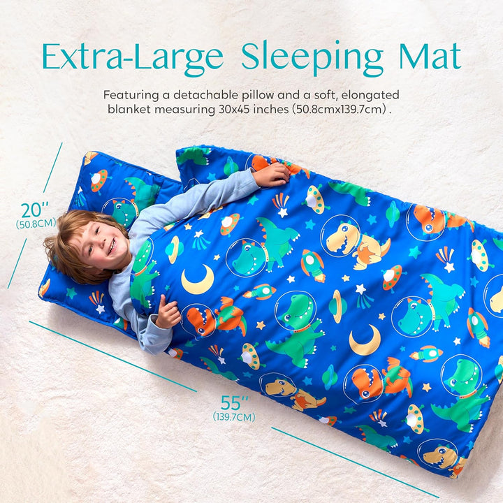 Toddler Nap Mat for Preschool 55''X30'' Sleeping Mat with Removable Pillow and Minky Blanket for Kids Ages 3-7 Roll up Soft Kids Sleeping Bag for Boys Girls Kindergarten Daycare Sleepover