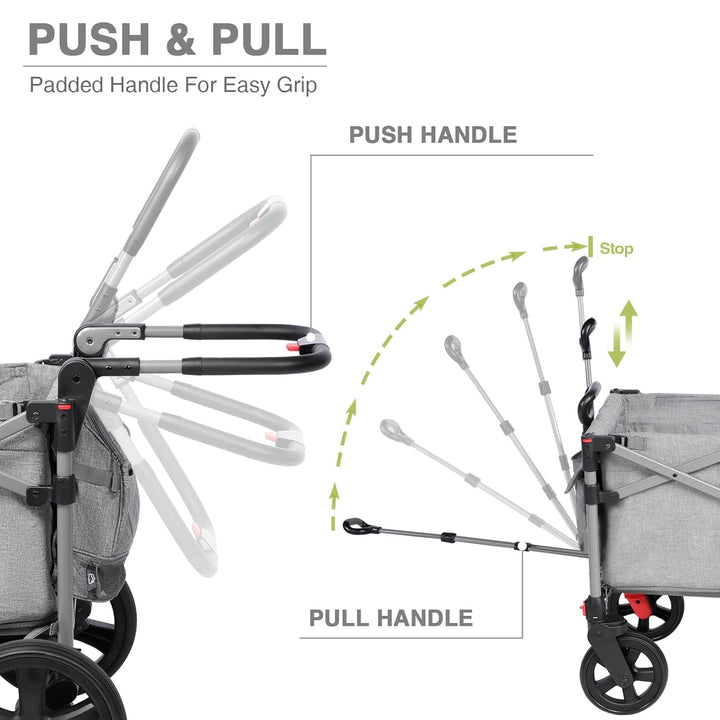 Foldable Wagons for Two Kids & Cargo, Collapsible Folding Stroller with Adjustable Handle Bar,Removable Canopy with 5-Point Harness Gray