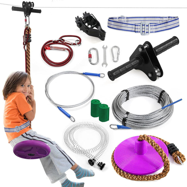 Zip Line Kit 80Ft for Kid and Adults up to 400Lb-Special Retractors and Thickened Disc Seats,Zipline Kit for Backyard