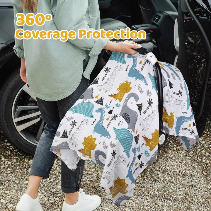 Dinosaurs Carseat Cover - Muslin Cotton Infant Car Seat Canopy, Breathable Baby Carrier Cover, Summer Stroller Sun Shade