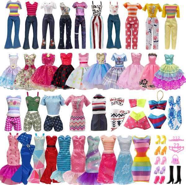 30 Pieces Doll Clothes and Accessories for 11.5 Inch Girl Dolls Including Random 5 Tops, 5 Pants, Random 3 Dresses, Random 3 Fashionable Dresses, Random 2 Swimwear, 6 Pairs of Shoes, 1 Bag, 5 Hangers