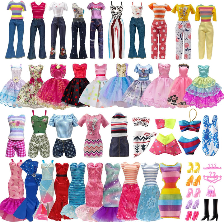 30 Pieces Doll Clothes and Accessories for 11.5 Inch Girl Dolls Including Random 5 Tops, 5 Pants, Random 3 Dresses, Random 3 Fashionable Dresses, Random 2 Swimwear, 6 Pairs of Shoes, 1 Bag, 5 Hangers