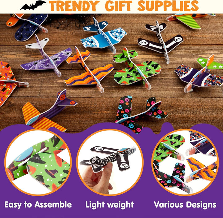 48 PCS Halloween Foam Glider Planes for Kids, Flying Paper Airplane Gliders Toys Bulk for Halloween Party Gifts Presents,12 Different Airplane Designs,Trick or Treats, Party Favor and Supplies