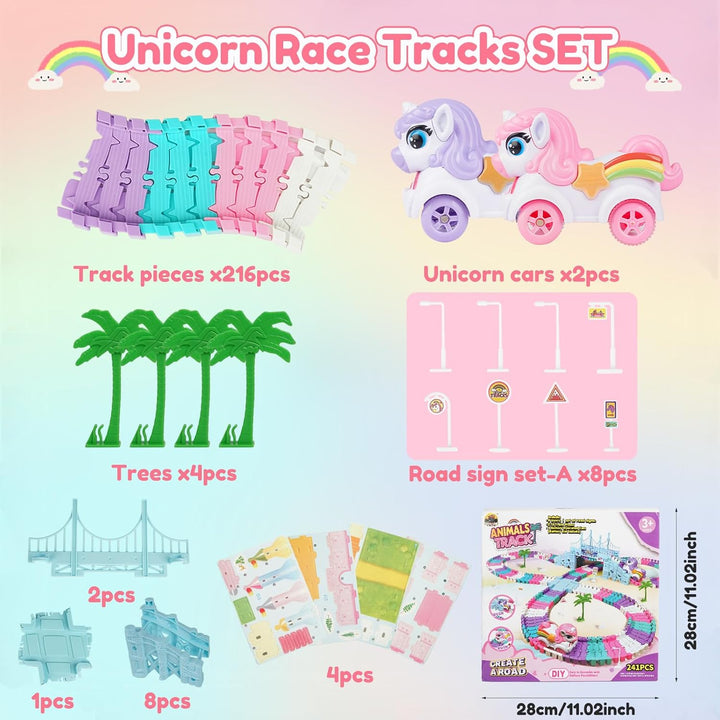 242PCS Uicorn Race Tracks for Kids Ages 4-8,Flexible Car Track Set Princess Toys Birthday Gifts for 3 4 5 6 Year Old Girls and Toddlers
