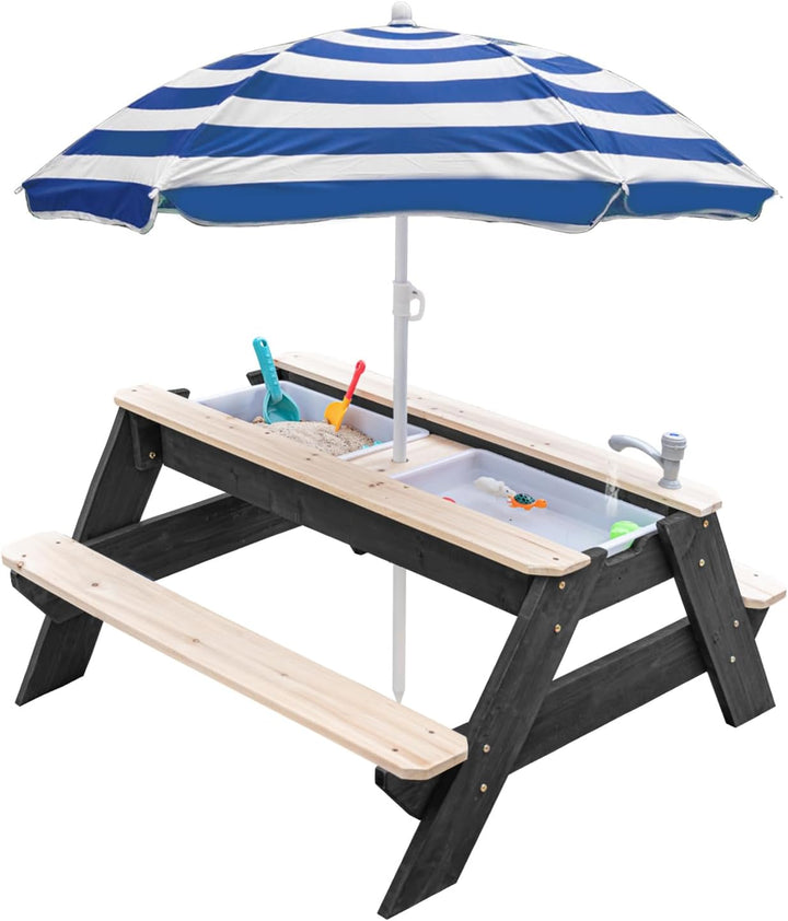 Kids 3-In-1 Sand & Water Table, Wood Outdoor Convertible Picnic Table with Umbrella, 2 Trays, Removable Top with Faucet, Picnic for Outdoor (Pink/Navy)