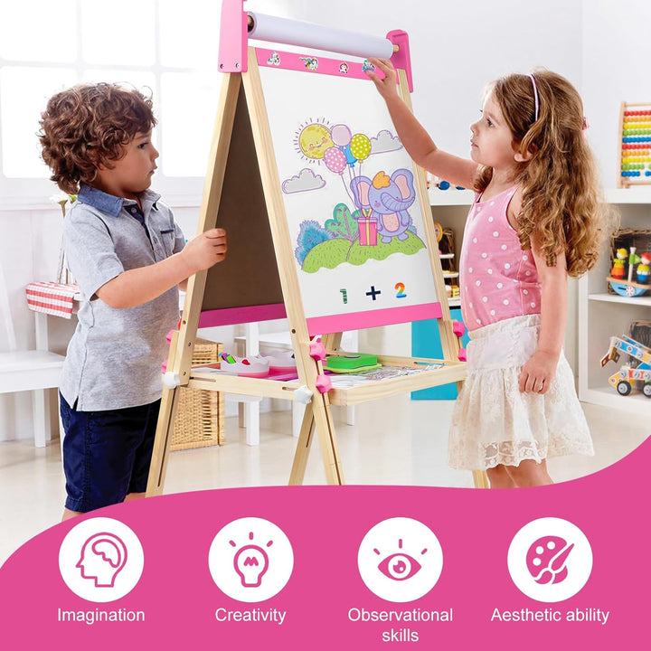 Easel for Kids,Adjustable Wooden Toddler Art Easels, Girls Toys for Ages 5-7,8-13,2-4, Magnetic White Board and Chalk Board with Art Supplies, 2 3 4 5 6 7 8 9 10 Year Old Girl Birthday Gift