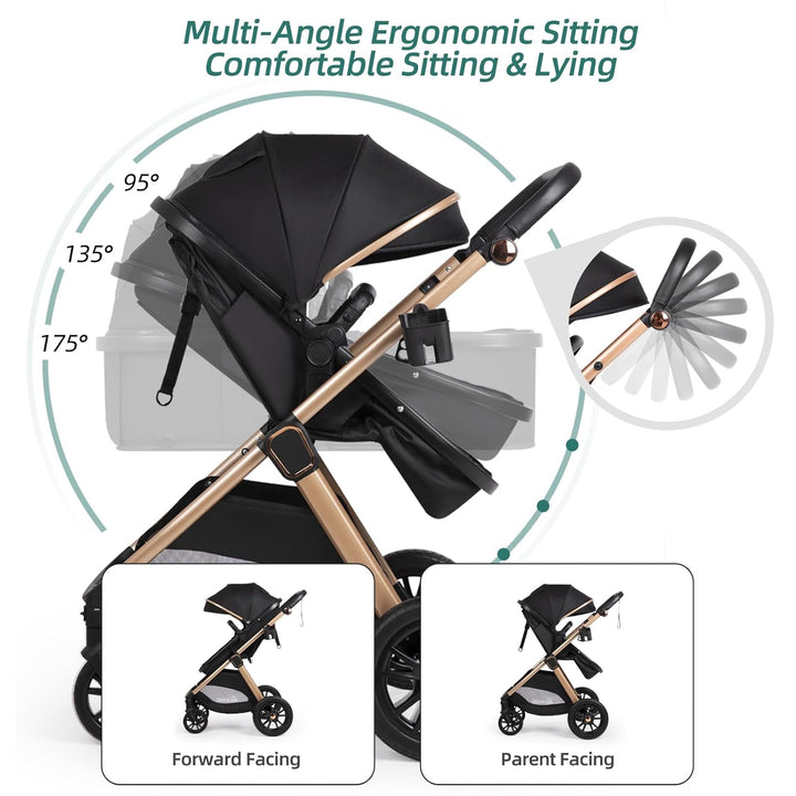 6-In-1 Convertible Baby Stroller with Bassinet Pushchair - Folding Infant Newborn Stroller W/Footmuff, Rain Cover, Cup Holder & Large Storage, Toddler W/All-Scene Large Wheels, Reversible Seat(Black)