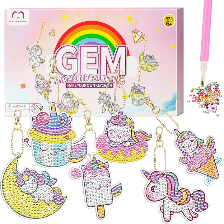 Diamond Art for Kids 6 Pcs DIY Diamond Painting Cartoon Keyrings Set, Painting by Number Gem Keychains Craft Kits for Kids Ages 6-12, Gifts for Birthday, Back to School