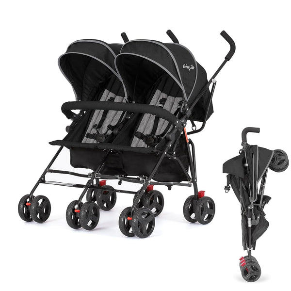 Volgo Twin Umbrella Stroller in Black, Lightweight Double Stroller for Infant & Toddler, Compact Easy Fold, Large Storage Basket, Large and Adjustable Canopy