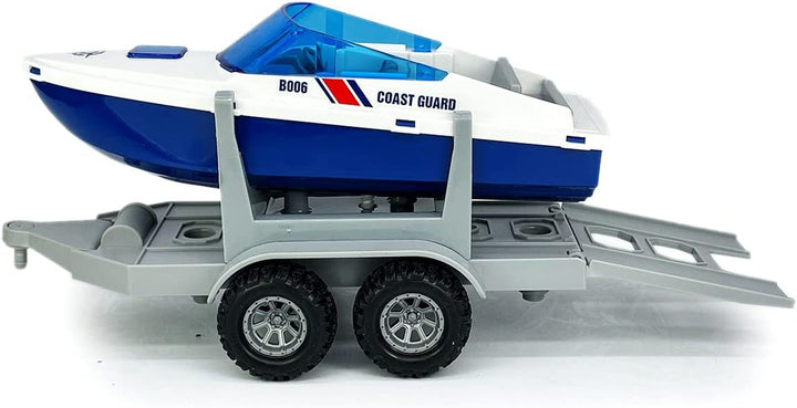 Large ATV Toy with Trailer Speedboat Tow Truck Flatbed Transport Police Motorcycle Toy Vehicle 2 in 1 Playset, Light Sound, Toys Trucks for Boys 3 4 5 6 7 Years Old Kids Toddlers Birthday Gifts, Blue