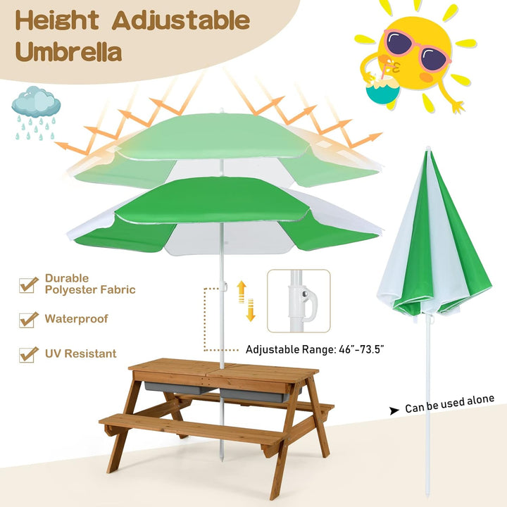 Kids Picnic Table with Sensory Bins, 4 in 1 Sand and Water Table with Height Adjustable Umbrella, Removable Tabletop for Outdoor Backyard Patio Play