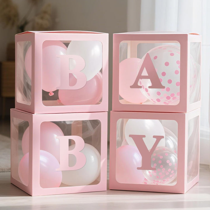 Baby Boxes with Letters for Baby Shower Decorations, 4 Pcs Clear Baby Balloon Boxes Blocks Decor with LED Fairy String Lights for Boy Girl Gender Reveal Decorations Backdrop Party (White)