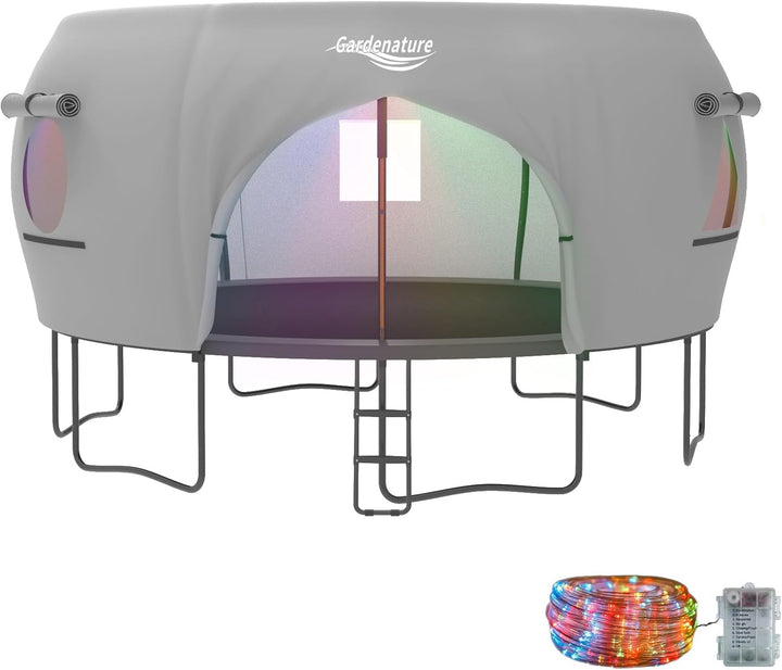 10FT/12FT/14FT Trampoline Tent(Tent Only), Fit round Trampolines, Shade Cover with LED Light, Outdoor Trampolien Accessories, Anti-Tear, Beige