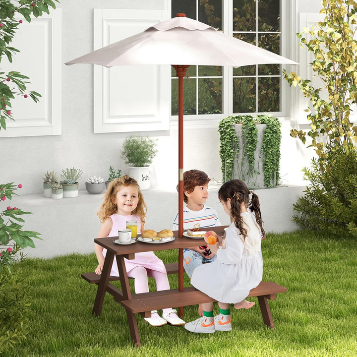 Kids Picnic Table, Outdoor Toddler Wooden Table and Chair Set with Removable Umbrella, Children Activity Furniture Bench Set for Patio Garden Backyard