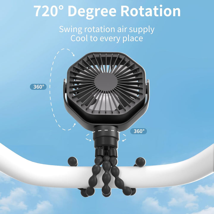 Portable Stroller Fan with Flexible Tripod, 3 Speeds Rechargeable Handheld Personal Fan, 360 Rotate Battery Operated Clip on Fans for Car Seat Crib Bike Treadmill Black
