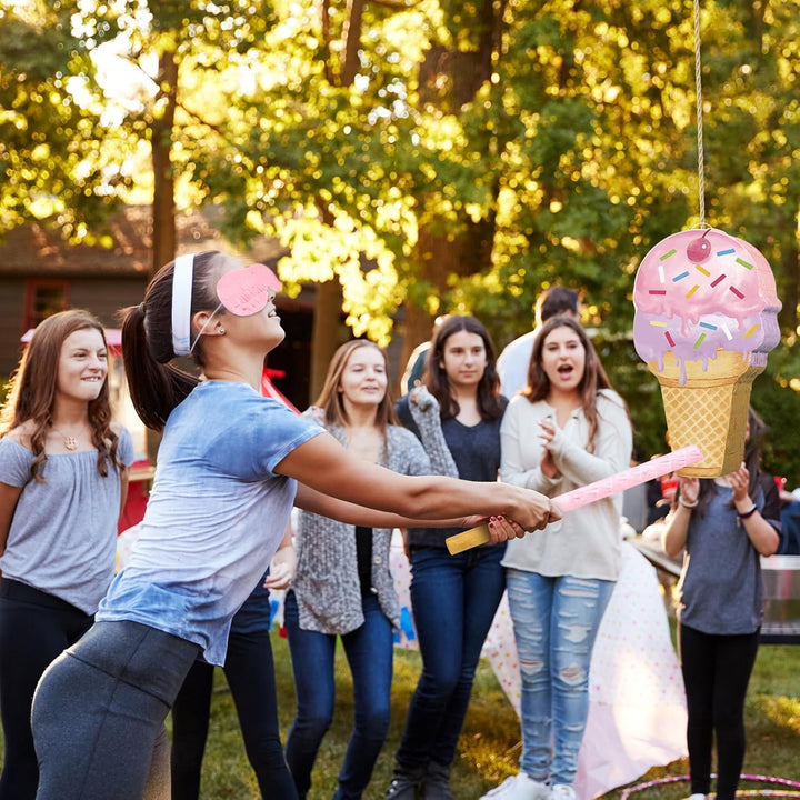 Pink Ice Cream Piñata Cute Dessert Cone Shaped Piñata with Stick Blindfold for Ice Cream Candy Birthday Party Summer Baby Shower Wedding Party Supplies Decor, 15.8 X 9.5 Inch