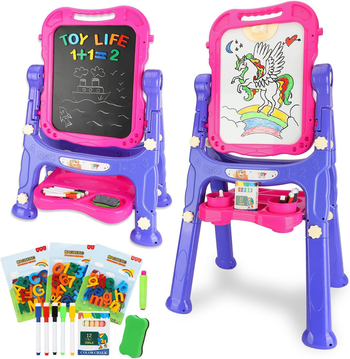 Large Art Easel for Kids, Double-Sided 4In1 Toddler Easel with Rotable Magnetic Chalkboard & White Drawing Board, Height Adjustable with Magnetic Letters & Numbers Gifts for Boys and Girls