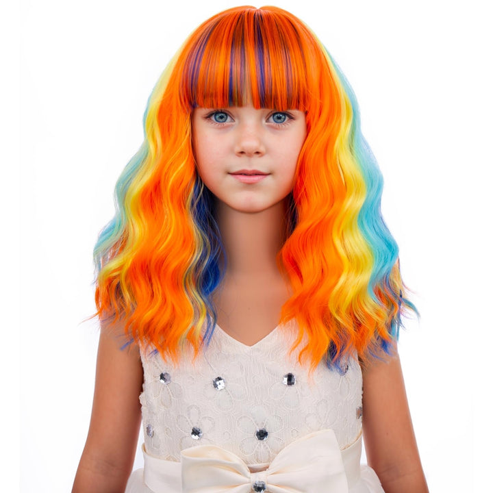 Blonde Wig Kids Child Short Wavy Wig with Bangs Flaxen Blonde Wigs Synthetic Girls Cosplay Halloween Party Costume Wigs (Flaxen Blonde)
