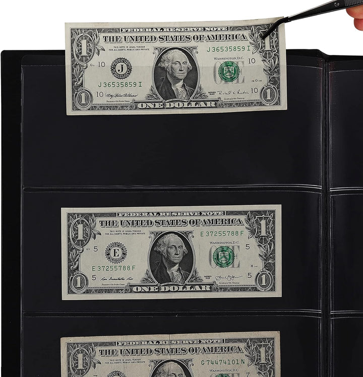 60 Pockets Currency Album-8.3" X 3.3" Banknotes Collecting Holder Leatherette Hard Cover Storage Book with Protective Case for Paper Folding Money Dollars Bills Trading Cards Stamps Collection AN01BK