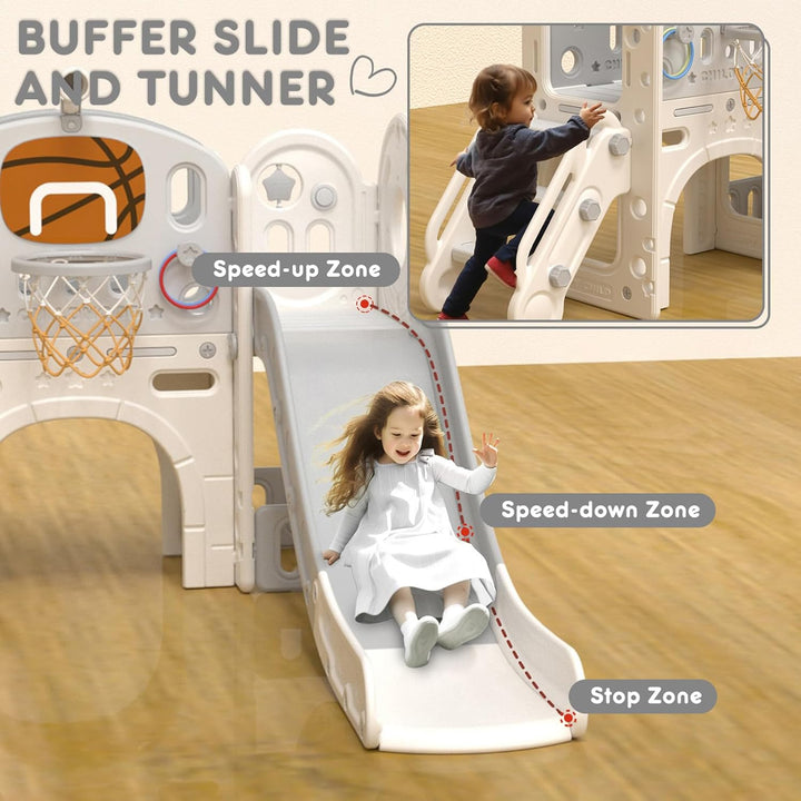8 in 1 Toddler Slide Set, Kids Slide for Toddlers Age 1+, Toddler Climber Slide Playset with Basketball Hoop and Ball,Outdoor Indoor Playground for Toddlers 1-3 (Beige Grey, 8 in 1)