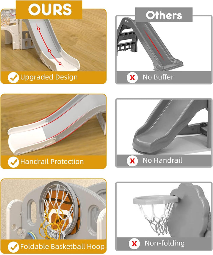8 in 1 Toddler Slide Set, Kids Slide for Toddlers Age 1+, Toddler Climber Slide Playset with Basketball Hoop and Ball,Outdoor Indoor Playground for Toddlers 1-3 (Beige Grey, 8 in 1)