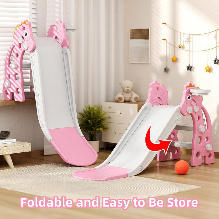 Toddler Slide for Indoor & Outdoor Play with Basketball Hoop, Anti-Slip Steps, 46.8In Baby Climber (Pink)