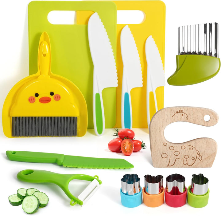 Kids Knife Set, 5 Pcs Montessori Kitchen Tools for Toddlers' Real Cooking, BPA Free Kids Safe Kitchen Cooking and Baking Set with Peeler, Cutting Board for Sandwich Bread Vegetable Fruit Present Gift