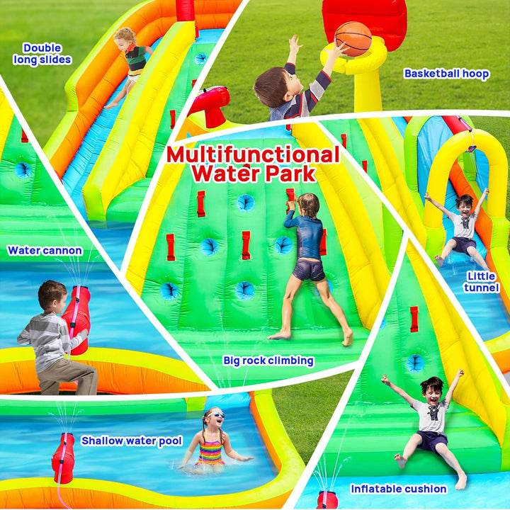Inflatable Water Double Slides Park, Bounce House with Arched Water Gun Spray, Jumping Castle with Air Blower