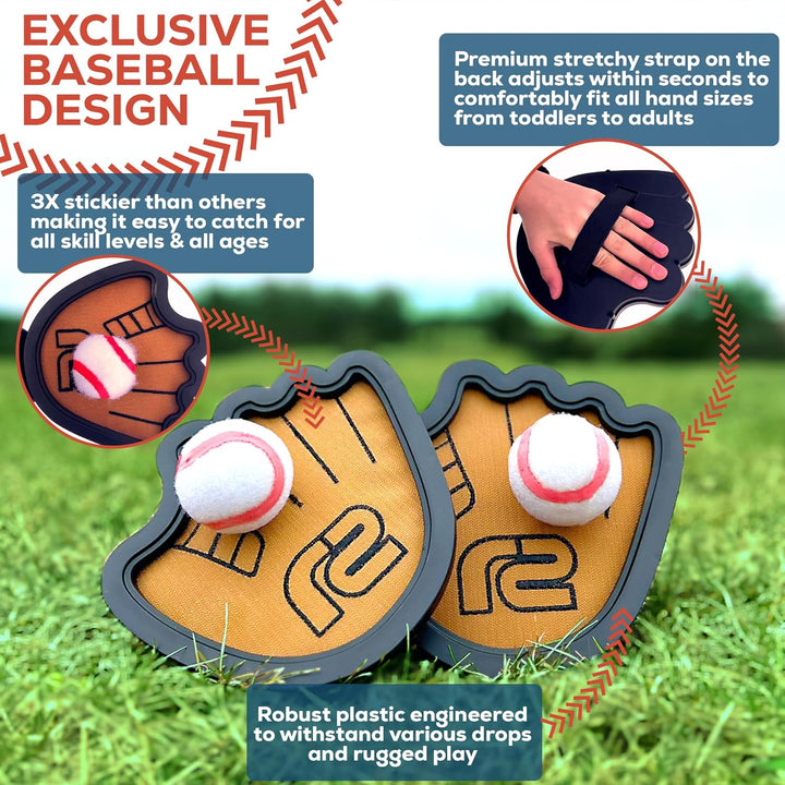 Toss and Catch Ball Game Set - Easy to Use Sticky Balls & Beginner Baseball Training Glove - Premium Toy Paddle Fits All Hand Sizes from Toddlers to Teens & Adults - Fun Gift Idea for Boys and Girls