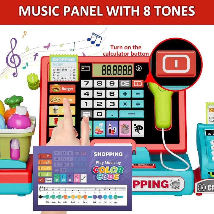 Kids Cash Register Toy Playset with Real Calculator, Toddler Pretend Play Store Incl Scanner/Credit Card/Play Money/Conveyor/Food Toys, Learning Toys Gifts for Boys Ages 4-8 8-12, Red