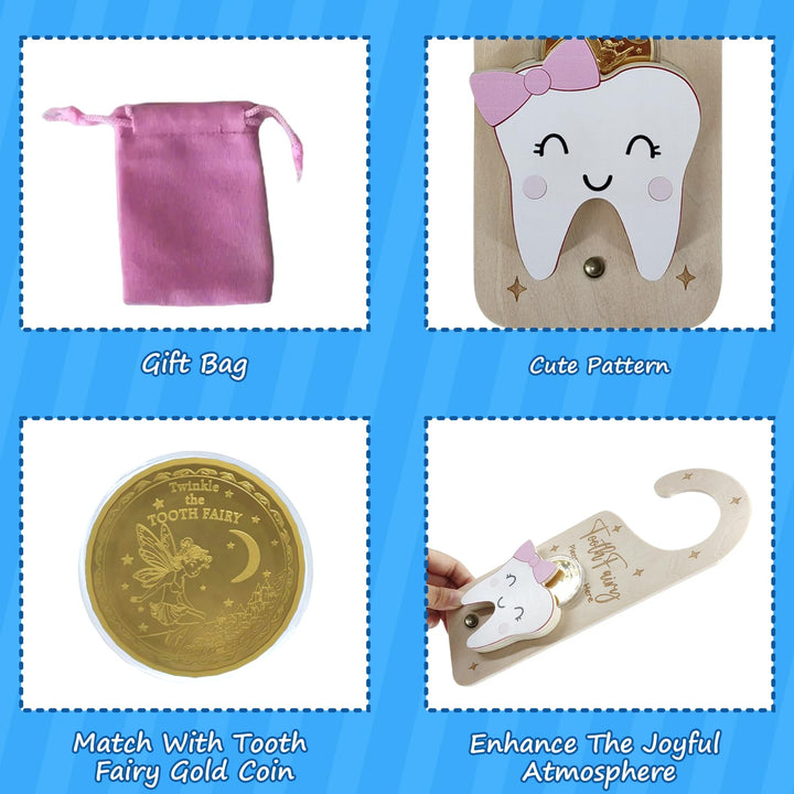 Tooth Fairy Door Hanger, Wooden Tooth Fairy Money Holder with Tooth Coins for Lost Tooth Kids Gifts (Pink)
