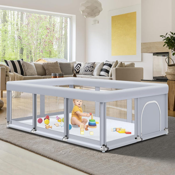 74" ×50" Large Baby Playpen, Baby Playard for Babies and Toddlers, Baby Fence Play Pens for Indoor & Outdoor, Sturdy Safety Play Yard with Soft Breathable Mesh, Anti-Fall, Grey