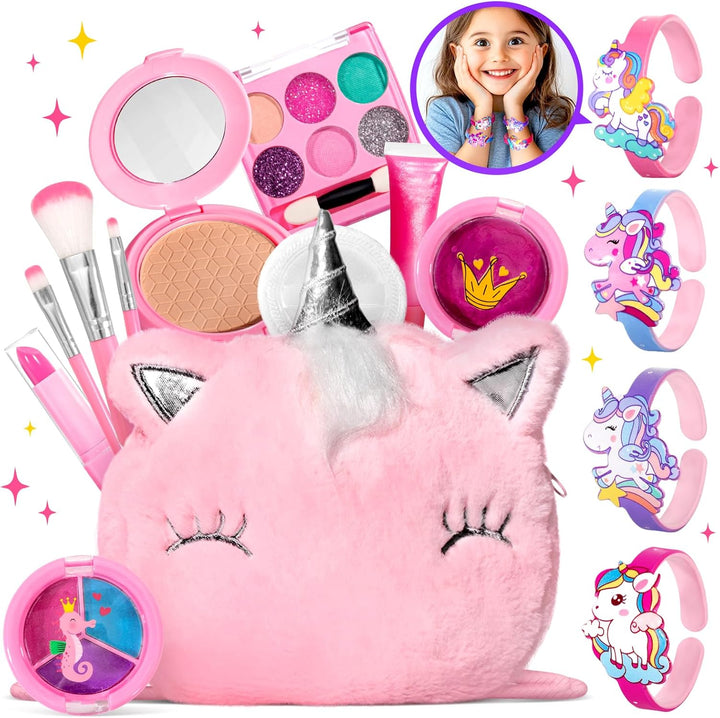 Kids Real Makeup Kit for Girls with Fluffy Purse - Real, Non Toxic, Washable Make up Toy - Umicorn Toys Gift for 3 4 5 6 7 8 Years Old Girls Birthday (Pink Umicorn)