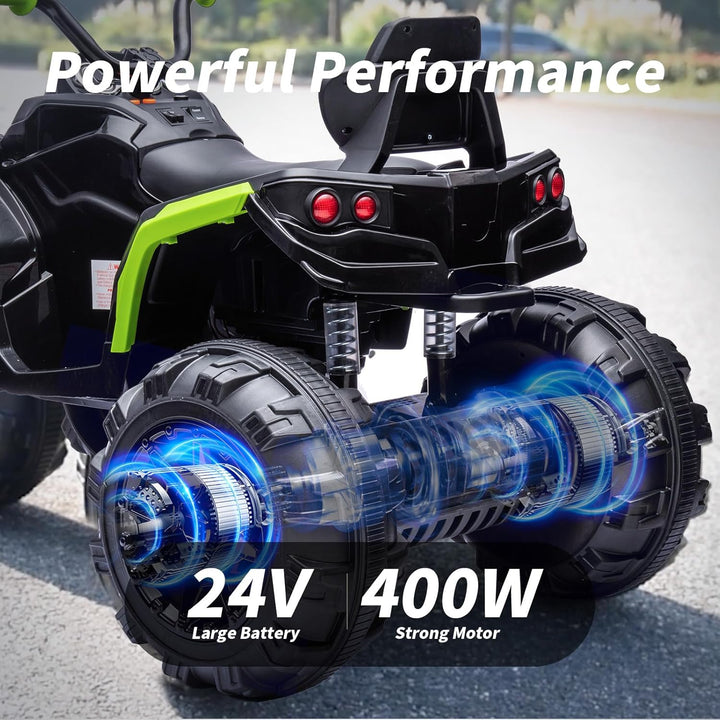 Kids ATV Four Wheeler, 24V Electric ATV Ride on Toy for Big Kids, 400W Motor, LED Lights - Green
