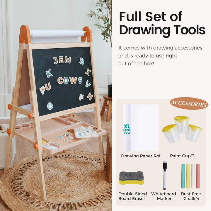 Easel for Kids, Double-Sided Magnetic Easel, Adjustable Wooden Kids Art Easel with Paper Roll, Learning-Toy for 3,4,5,6,7,8 Years Old Boy & Girls