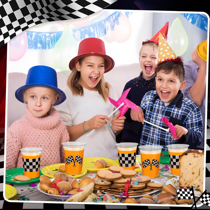 50 Pcs Checkered Racing Party Plastic Cups 16 Oz White Black Checkered Flag Clear Cup Disposable Race Car Drinking Cups for Race Car Sports Themed Birthday Party Favors Supplies