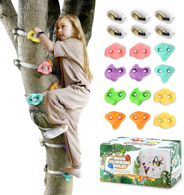 12 Ninja Tree Climbing Holds for Kids Climber, Adult Climbing Rocks with 6 Ratchet Straps for Outdoor Ninja Warrior Obstacle Course Training