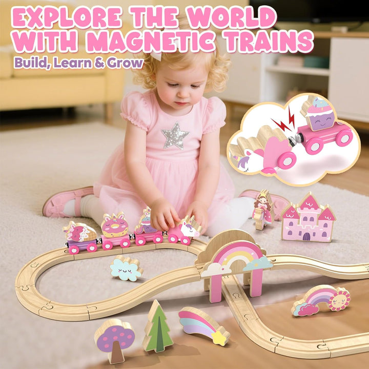 Wooden Train Set, Train Set for Toddlers 2-4, Wooden Train Track for Girls, Unicorn Toys for Girls Age 4-6, Toys for 3 4 5 6 Year Old Girl