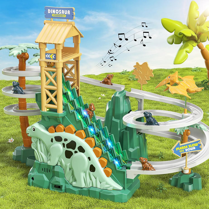 Dinosaur Climbing Slide Stair Toy for Toddlers Aged 3 4 5 6 7 8 - Racing Track Game Set, Sliding Car Toy, Dinosaur Themed with Light and Music, Birthday Dinosaur Gifts for Boys Girls Kids