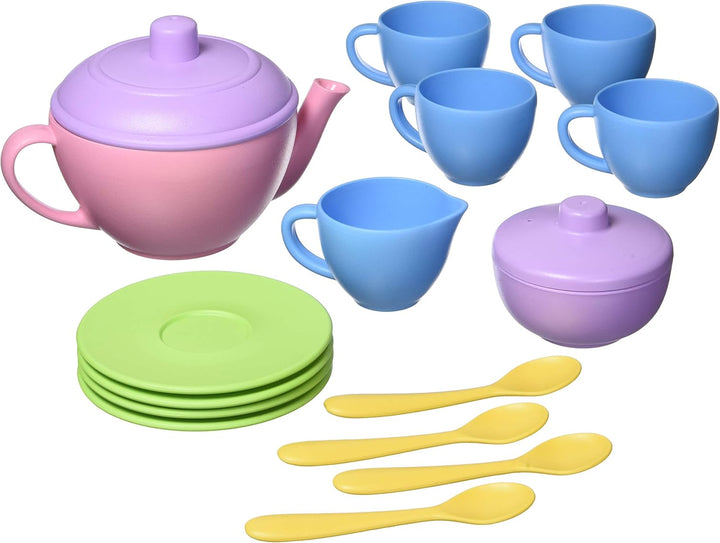 Tea Set, Pink 4C - 17 Piece Pretend Play, Motor Skills, Language & Communication Kids Role Play Toy. No BPA, Phthalates, PVC. Dishwasher Safe, Recycled Plastic, Made in USA.