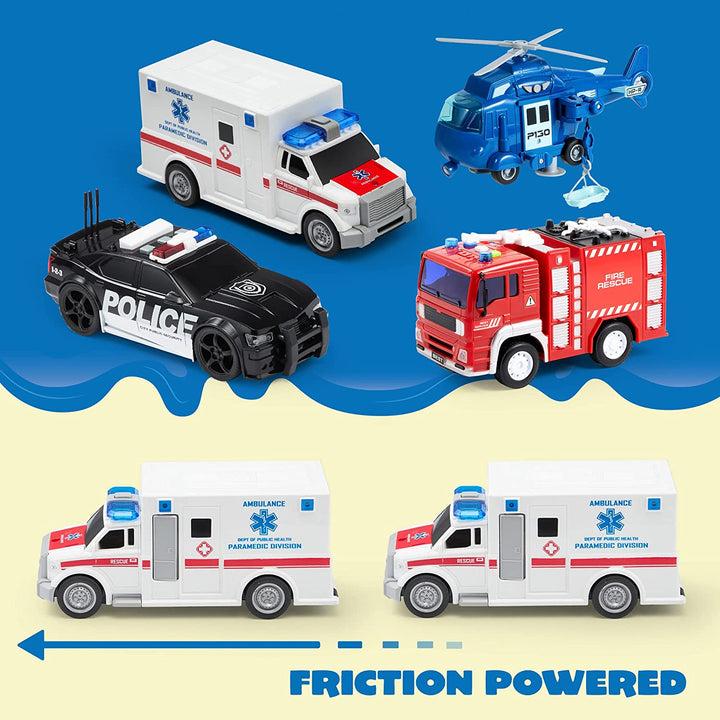 4 Packs Emergency Vehicle Toy Playsets, Friction Powered Vehicles with Light and Sound, Including Fire Truck, Ambulance, Play Police Car and Helicopter, Christmas Toddler Kids Boys Gifts