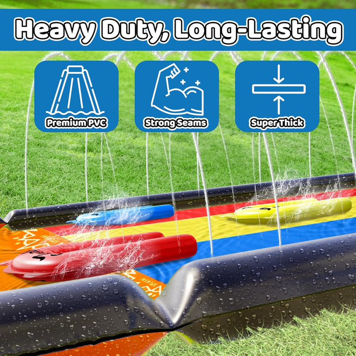 Premium Triple Water Slide with 3 Bodyboards, 20Ft Heavy Duty Slip Splash and Slides-Advanced 3-Way Sprinkler System, Splash Pad Mat Backyard Summer Outdoor Water Toys N Long Slides for Kids
